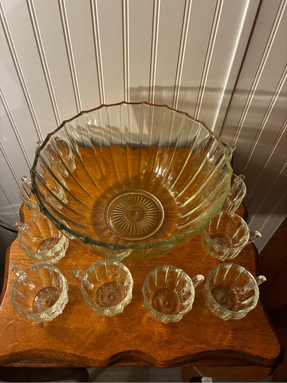 Vintage Clear Glass Punch Bowl Set w/ 10 Cups Fluted Ribbed Starburst Mid Centur - Picture 3 of 12